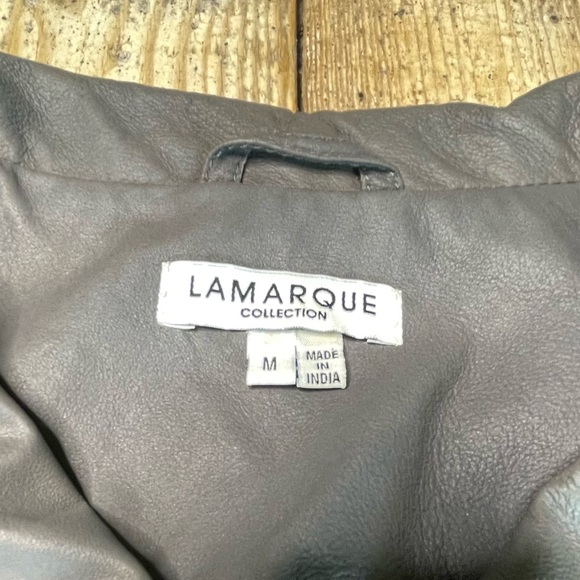 LAMARQUE Gray Soft Leather Moto Jacket Asymmetric Zip Funnel Neck Size M - Picture 8 of 9